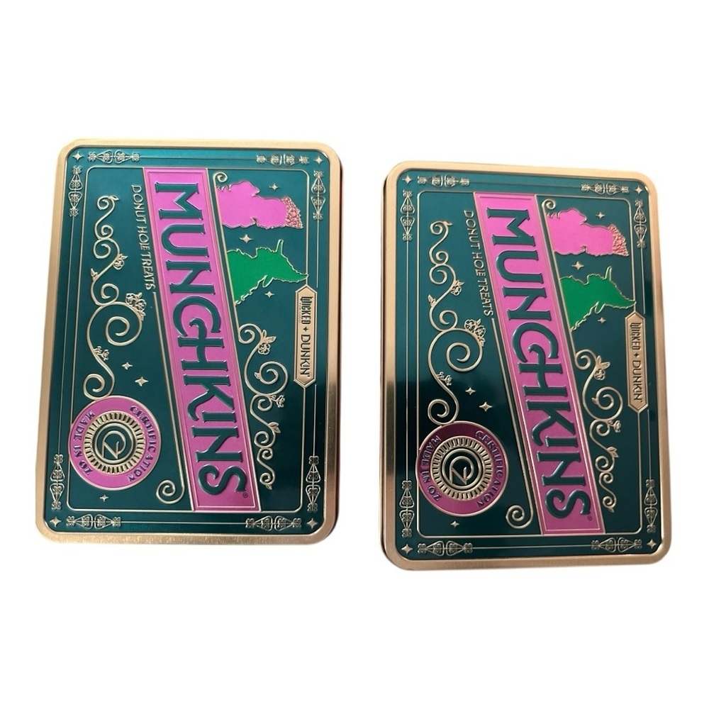 🎄 DUNKIN x WICKED Good For You Munchkin Tin Glinda & Elphaba Pink ,Green.(2 pcs)